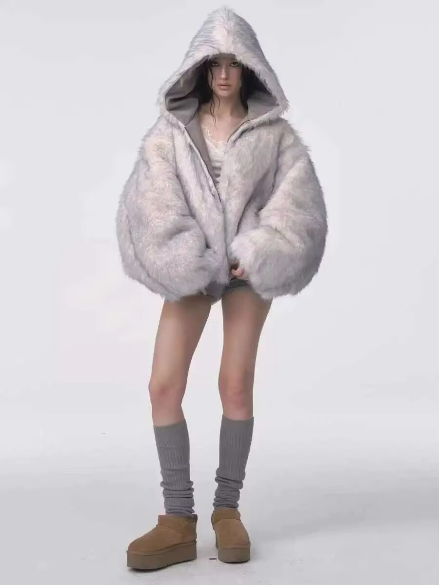Oversized Gray Faux Fur-Lined Hooded Jacket