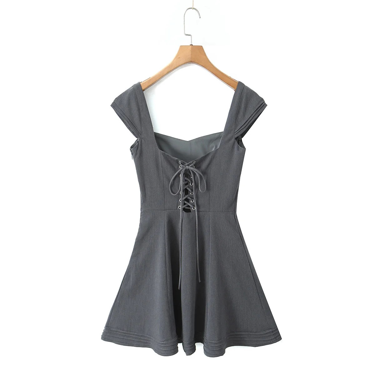 Retro French Gray Lace-Up Corset Mini Dress