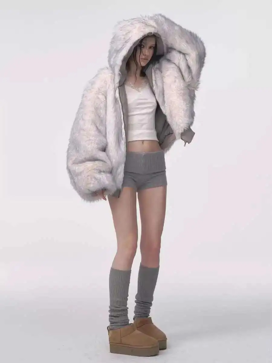 Oversized Gray Faux Fur-Lined Hooded Jacket