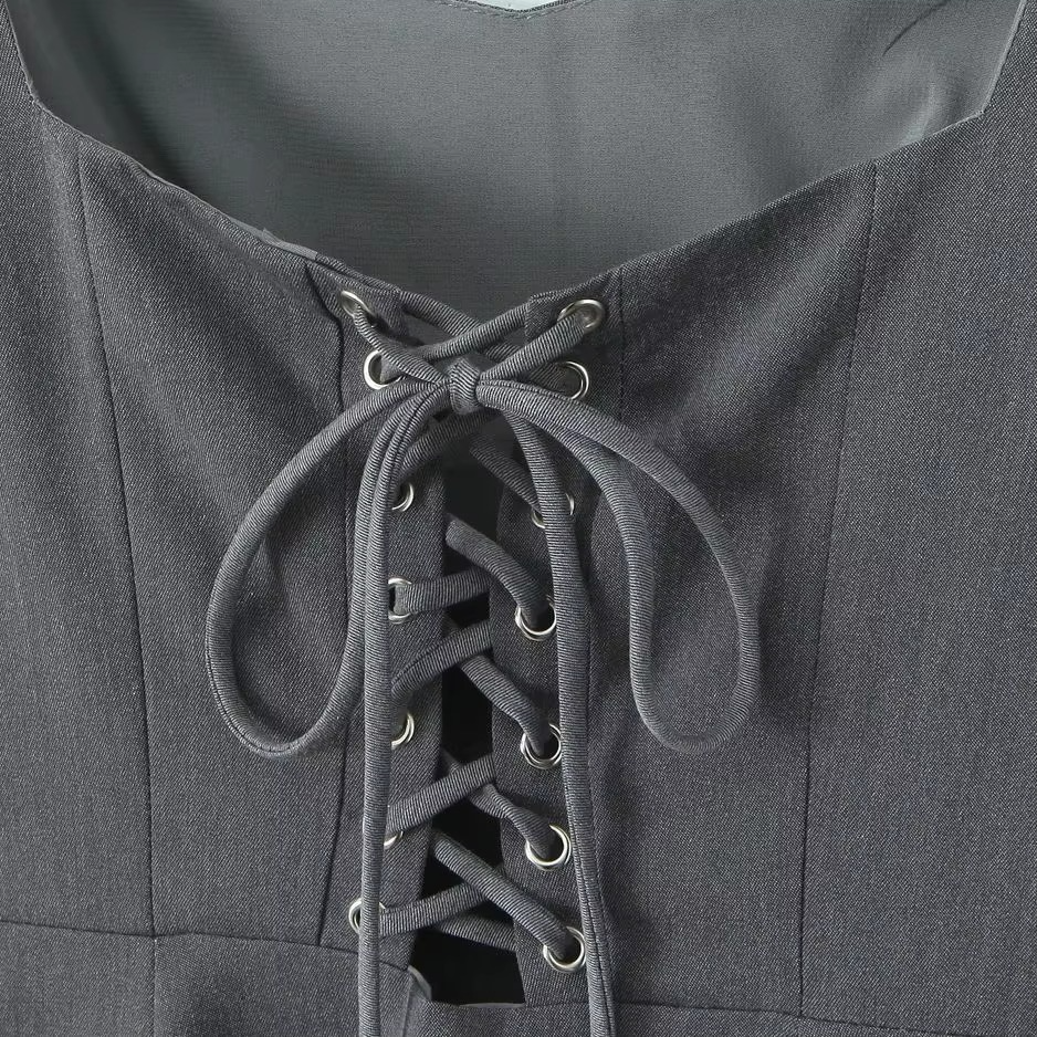 Retro French Gray Lace-Up Corset Mini Dress