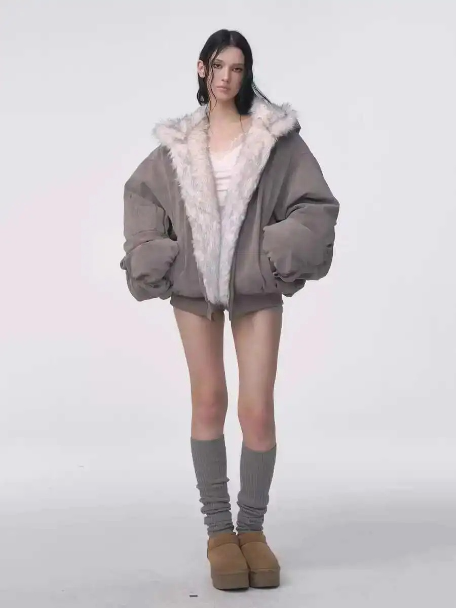 Oversized Gray Faux Fur-Lined Hooded Jacket