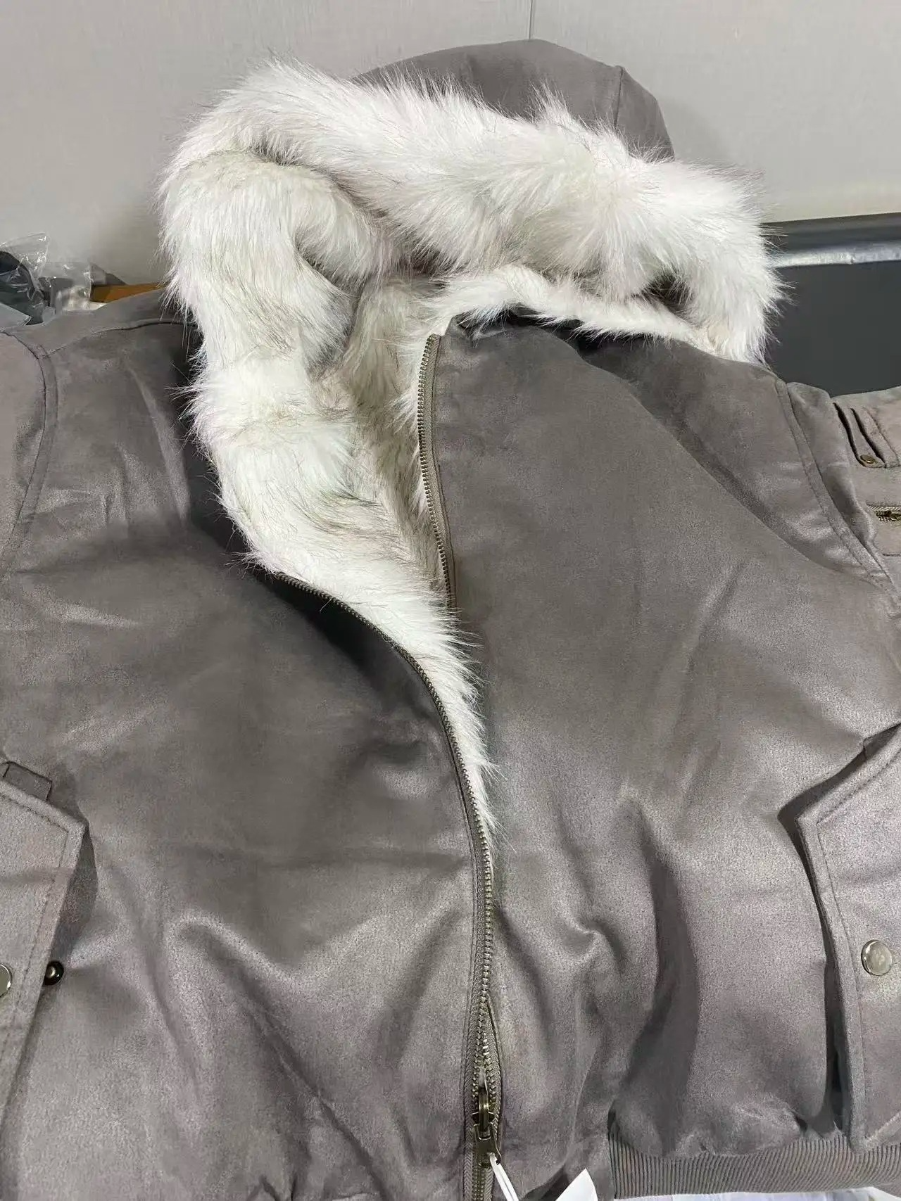 Oversized Gray Faux Fur-Lined Hooded Jacket