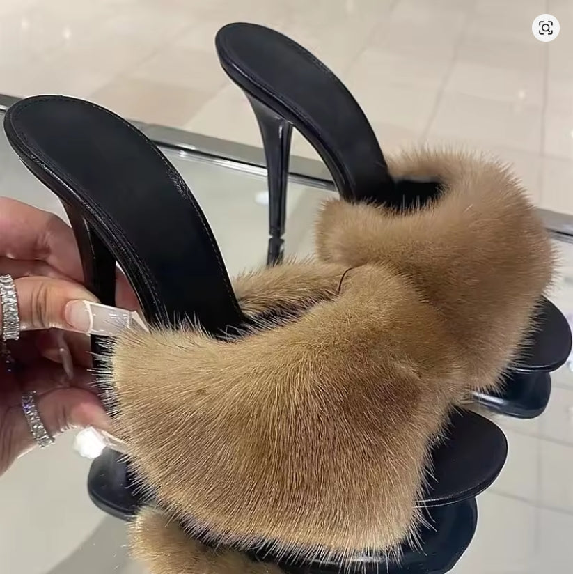 Faux Fur Leather Heels