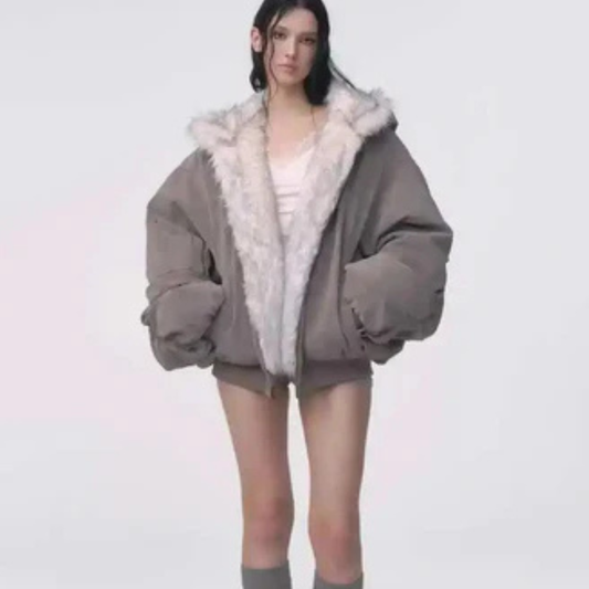 Oversized Gray Faux Fur-Lined Hooded Jacket